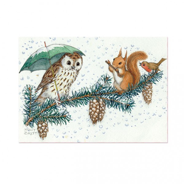 Postkarte "Kleine Weihnachtsmusik auf dem Tannenzweig mit Eichhörnchen, Eule und Rotkehlchen"
