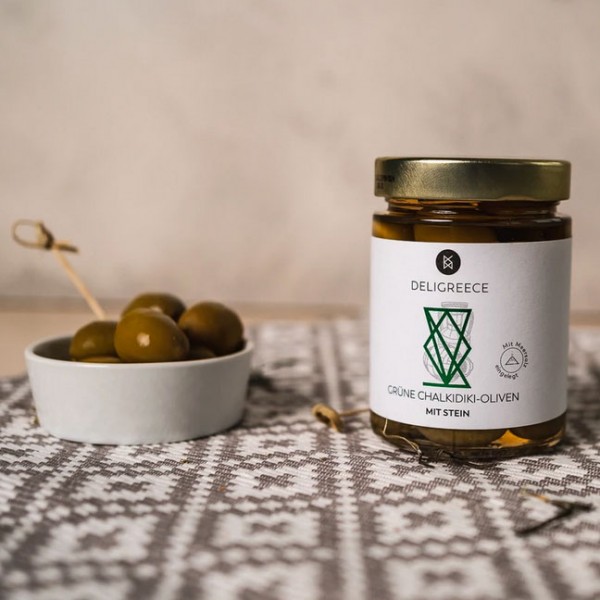 190 g grüne Chalkidiki Oliven mit Stein in Salzlake