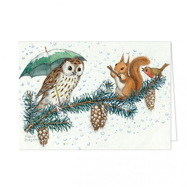 Doppelkarte "Kleine Weihnachtsmusik auf dem Tannenzweig mit Eichhörnchen, Eule und Rotkehlchen"