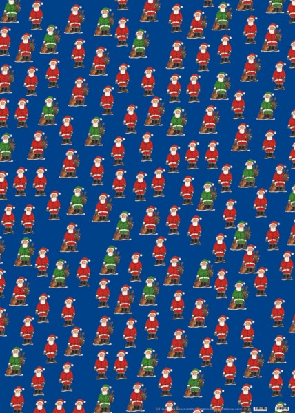 X-mas Geschenkpapier "Weihnachtsmänner mit Elchen in Blau"