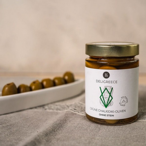 170 g grüne Chalkidiki Oliven ohne Stein in Salzlake