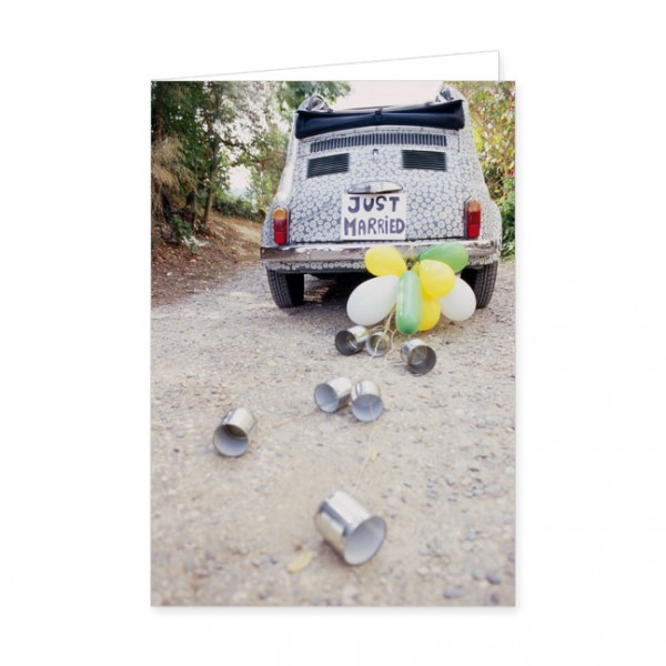 Doppelkarte "Dekoriertes Auto mit Luftballons und Blechdosen"