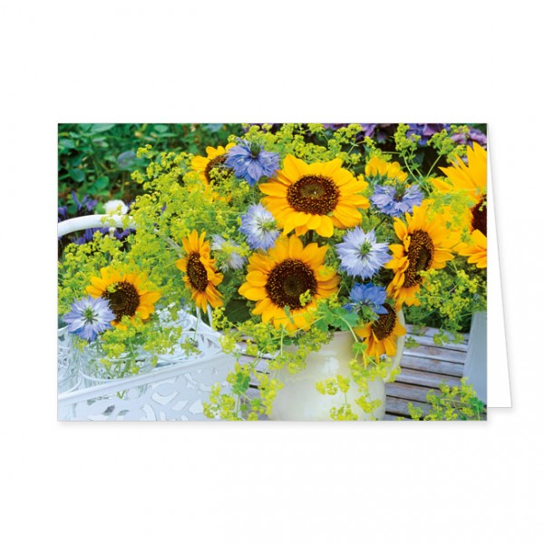 Doppelkarte "Jungfern im Grünen mit Sonnenblumen"